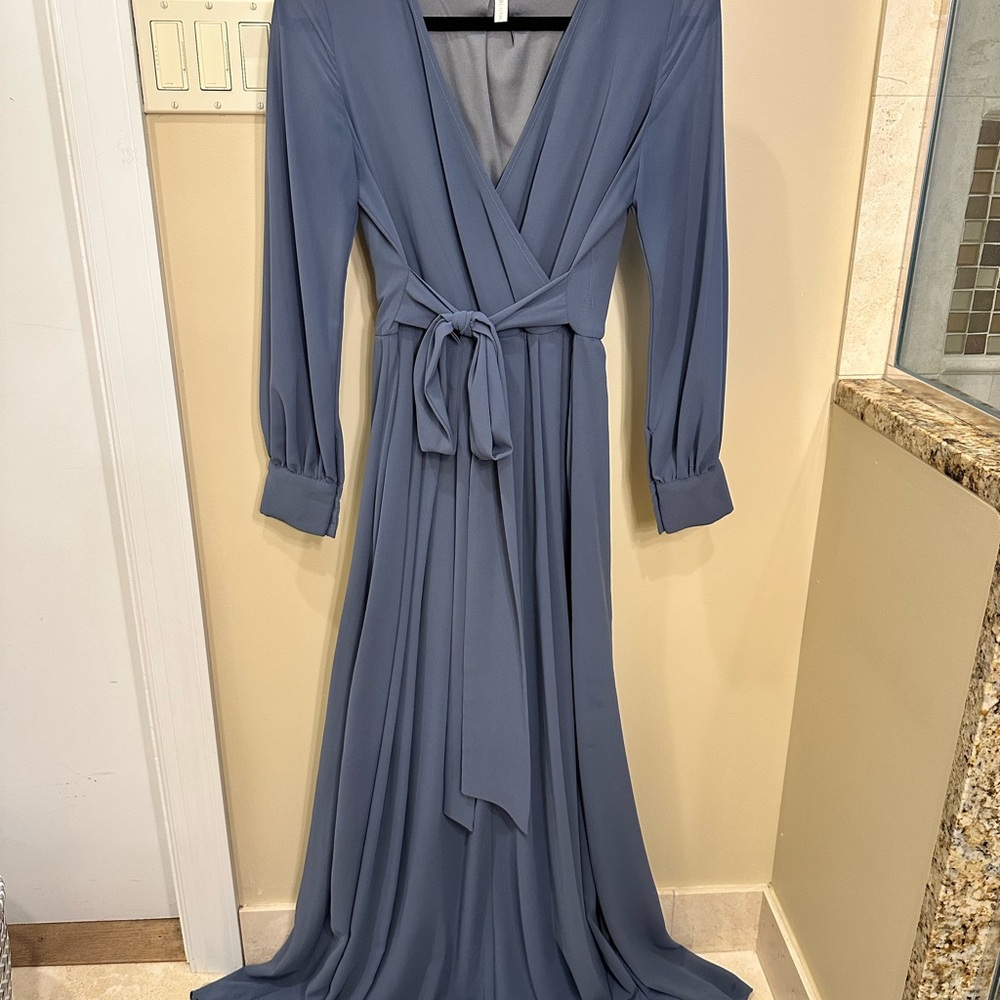 Pinkblush Blue Wrap Gown with Bishop Sleeves